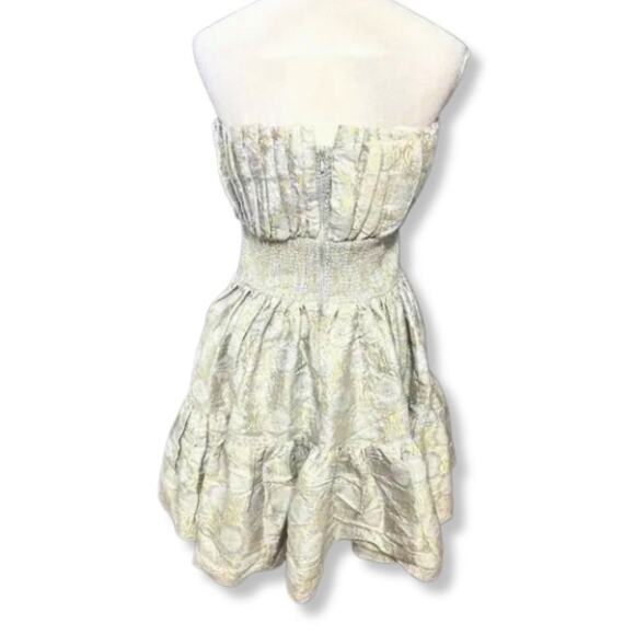 ByTimo A-Line Mini Dress Ruffled Hem Strapless Floral Brocade Blue Gold L NWOT - Picture 4 of 8